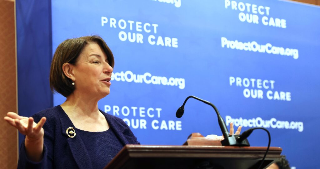 Senator Amy Klobuchar (D-MN) speaks during the "Protecting Our Care in the Courts" conference at the U.S. Capitol on March 12, 2024 in Washington, DC.