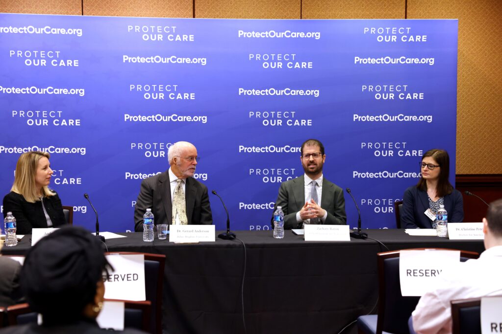 Zach Baron from the Georgetown O’Neill Institute (2nd from Right) speaks during the "Threats to Lower Drug Costs" panel at the U.S. Capitol on March 12, 2024 in Washington, DC.